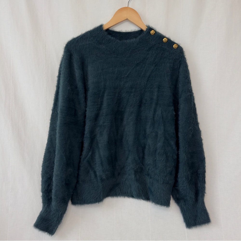 NWT | Banana Republic | Fuzzy Teal Knit Sweater w/ Gold Crest Buttons | US XL